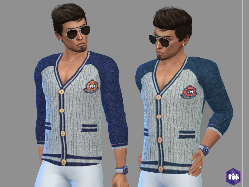 Zwei identische Sims tragen einen Cardigan zugeknöpft ohne etwas darunter
