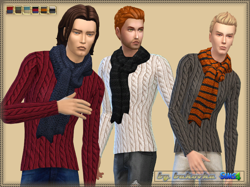 Drei verschiedene Sims tragen einen Pullover mit Schal