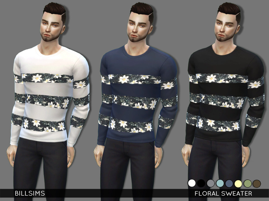 Drei männliche Sims, die denselben Pullover tragen, bei dem die Streifen ein Blumenmuster haben, in Die Sims 4