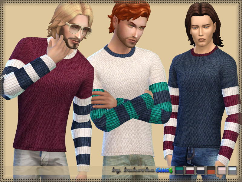 Drei verschiedene männliche Sims, die den gleichen gestreiften Strickpullover tragen, bei dem die Ärmel gestreift sind und der Körper eine einzelne Farbe hat, in Die Sims 4