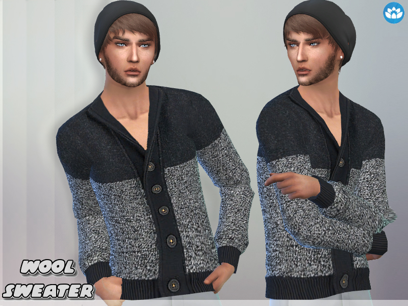 Zwei Versionen des gleichen männlichen Sims mit einer Mütze, Ohrringen und einem Knopfleisten-Wollpullover in Die Sims 4