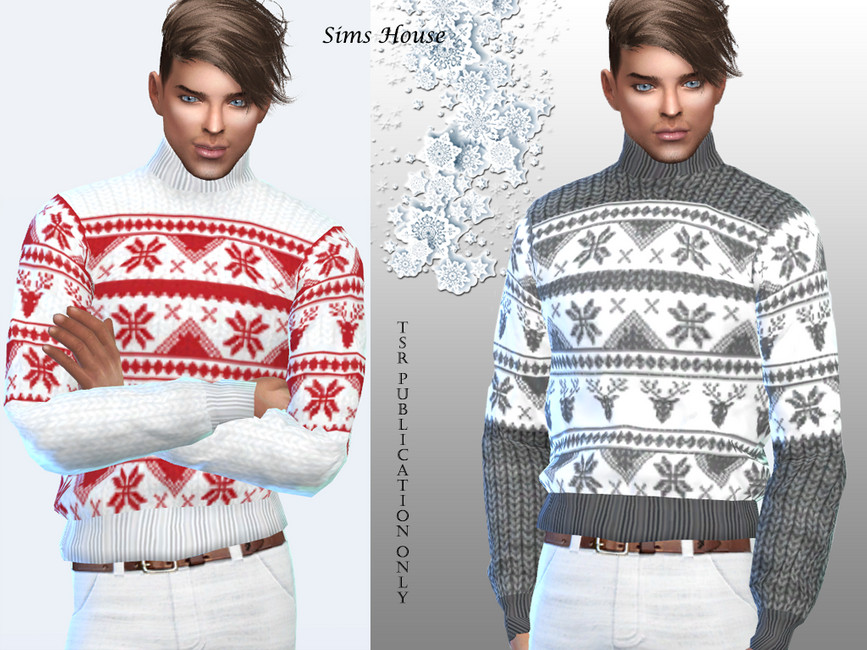 Zwei Versionen desselben männlichen Sims, der einen gemusterten Strick-Weihnachtspullover in Die Sims 4 trägt