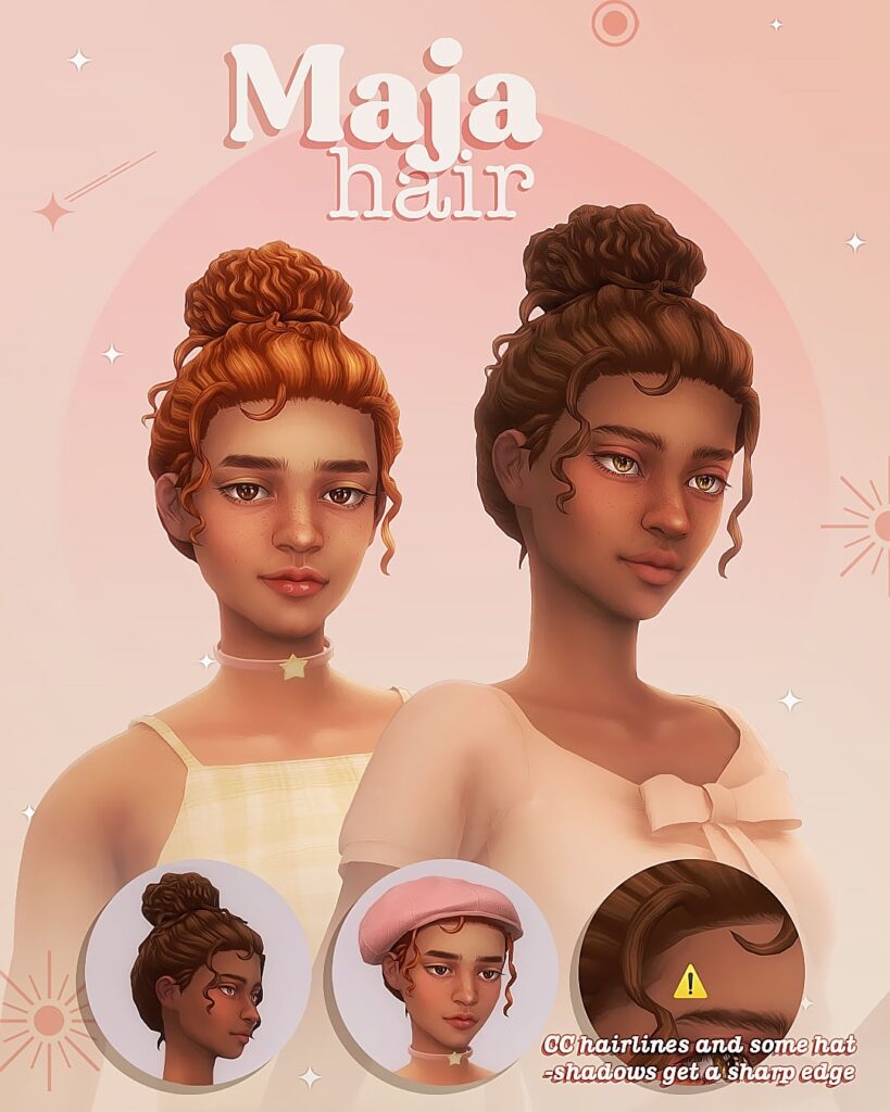 Zwei Sims mit lockigem Haar zu einem Dutt auf ihren Köpfen.