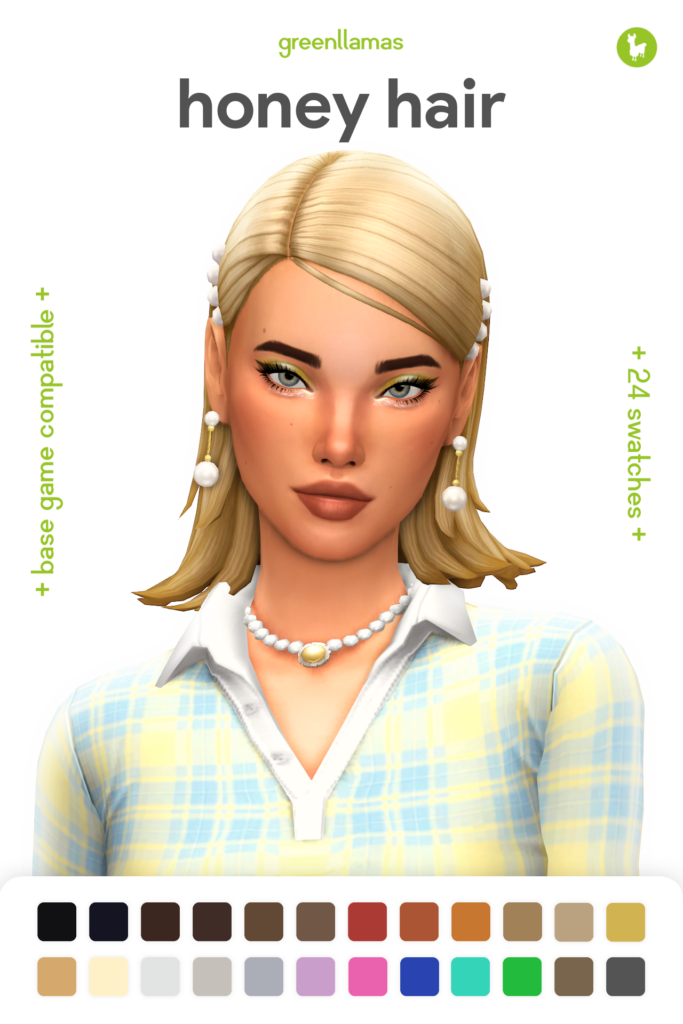 Ein Sim mit grünen Augen und blondem Haar trägt eine gerade Seitenscheitelfrisur mit Perlenverzierungen.