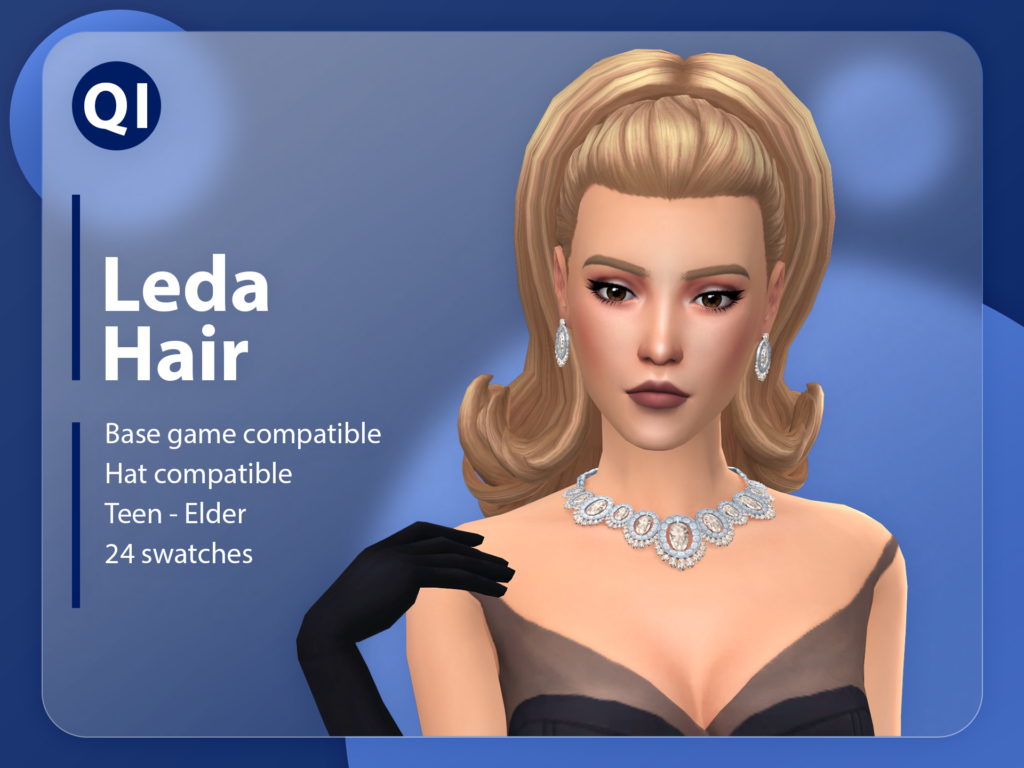 Ein Sim, der schwarze Handschuhe und ein glamouröses schwarzes Kleid trägt. Sie trägt auch eine große silberne Halskette und silberne Ohrringe. Ihre Sims 4-CC-Hochzeitsfrisur ist zu einem hohen Pferdeschwanz im 60er-Jahre-Stil gebunden.