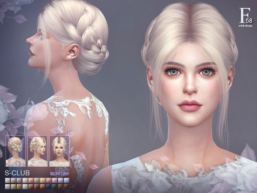 Ein Sim mit hellblondem Haar und grünen Augen. Sie tragen ein Hochzeitskleid und haben ihr Haar zu einem niedrigen Dutt mit Zöpfen gesteckt.