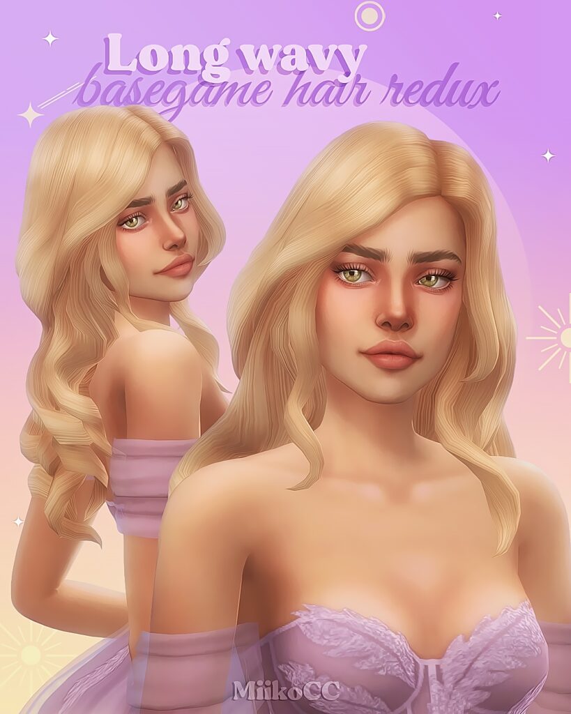 Ein Sim, der ein hell-lila Kleid mit einem herzförmigen Ausschnitt trägt. Dieser Sim hat grüne Augen und dezentes Make-up, und sein blondes Sims 4 CC-Hochzeitshaar ist seitlich gescheitelt mit weichen Locken.