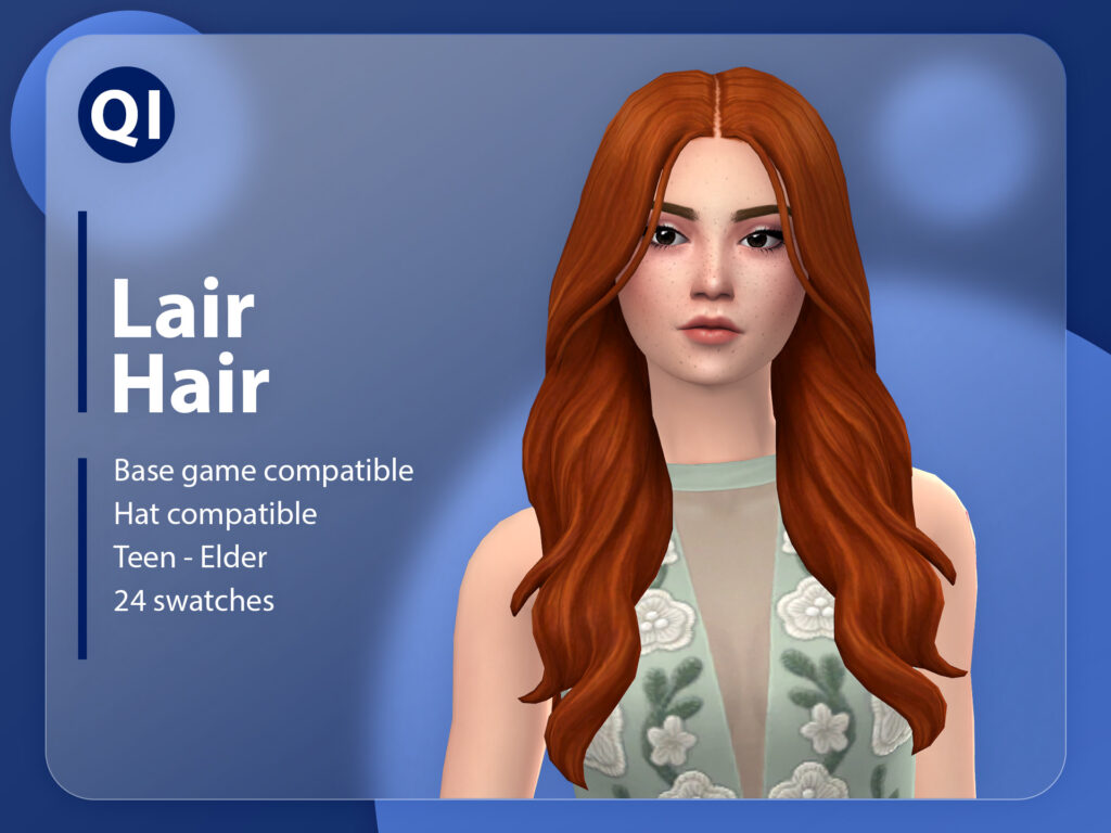 Ein Sim mit rotem Haar und Sommersprossen, der eine mittlere Scheitelung trägt und ein ärmelloses grünes Oberteil hat. Das Sims 4 CC Hochzeitshaar ist lang.