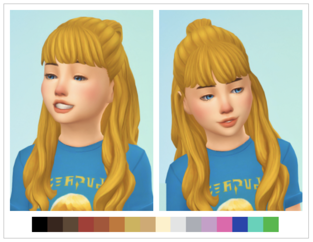 Ein Kind in Die Sims 4 mit CC Haaren, die halb hochgesteckt und Pony haben