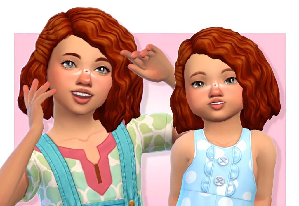 Eine Sims 4 CC Kinderhaaroption, die auf einer Seite zurückgesteckt ist und wellig ist