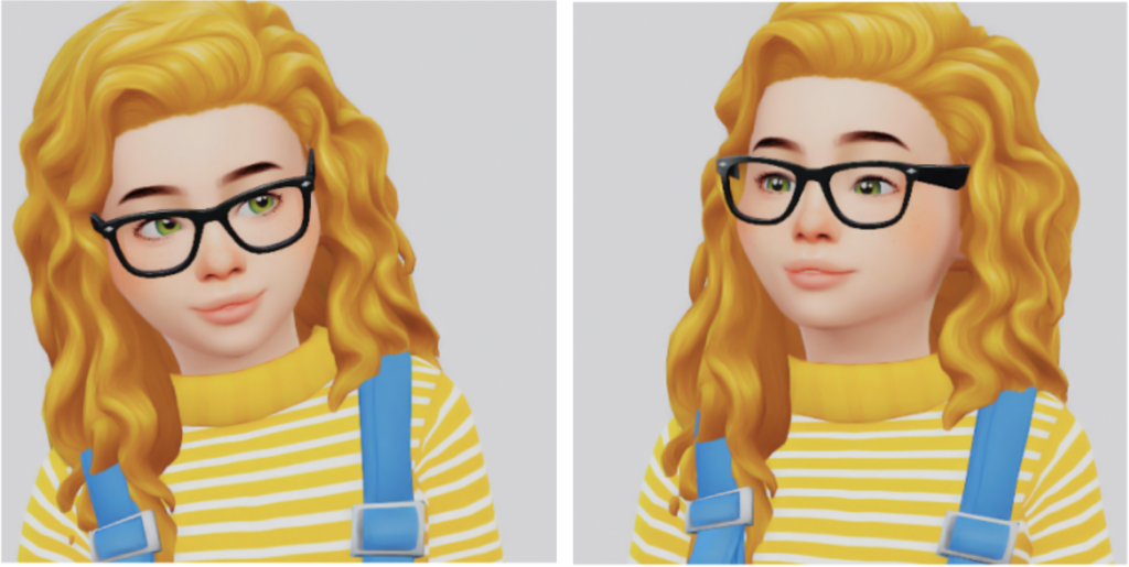 Ein Sim mit schwarz gerahmter Brille, einem gelb gestreiften Pullover unter Latzhosen und lockigem Haar