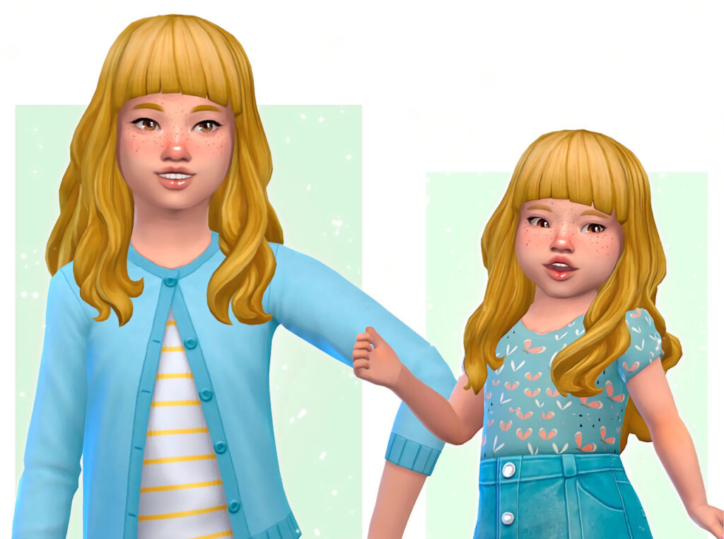 Ein Kind und ein Kleinkind in Die Sims 4 mit Pony und lockigem Haar