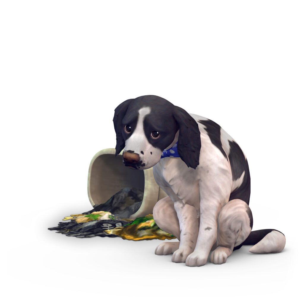 Ein Hund aus Die Sims 4, der eine Mülltonne umgeworfen hat und trainiert werden muss
