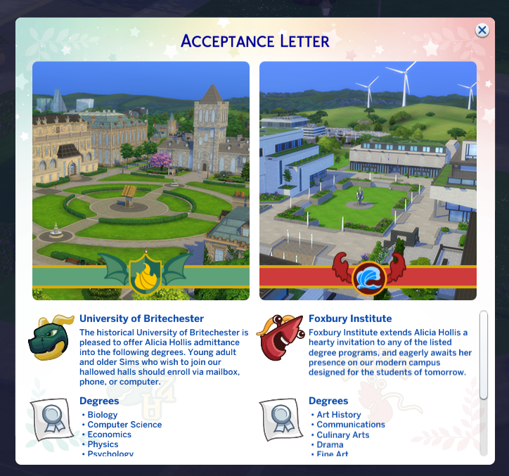 Zulassungsbescheid für Sims 4 University
