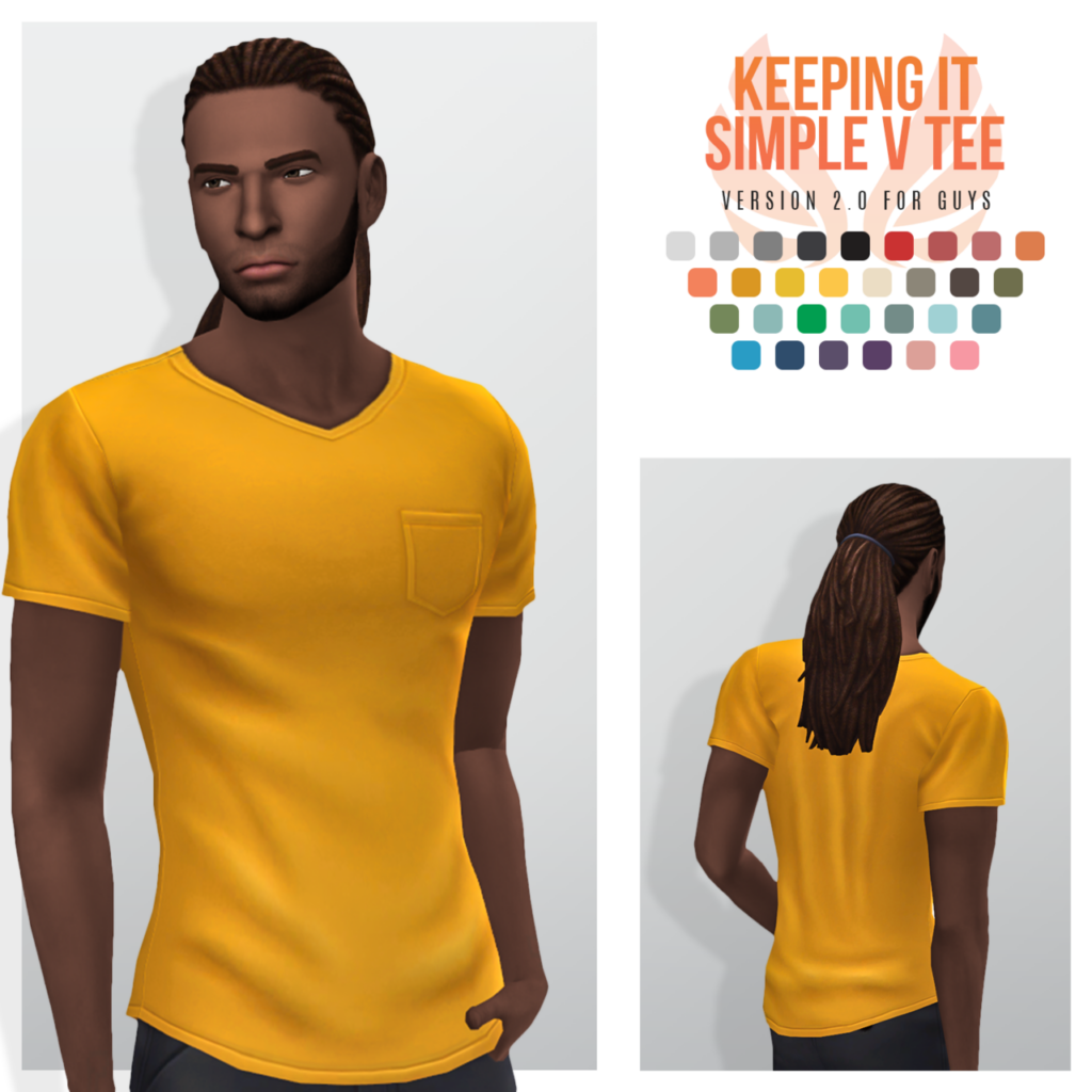 Ein Sim mit Dreadlocks und Bart, der ein leuchtend gelbes V-Ausschnitt-Taschen-T-Shirt trägt