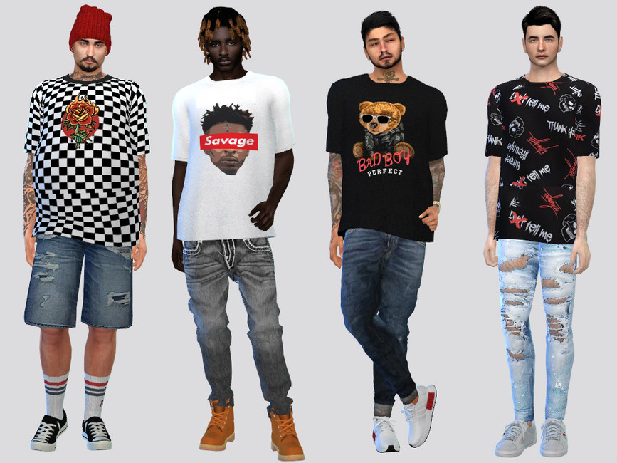 Vier Sims stehen nebeneinander und tragen Jeans. Alle tragen übergroße Sims 4 CC-Shirts mit Grafikdesigns.