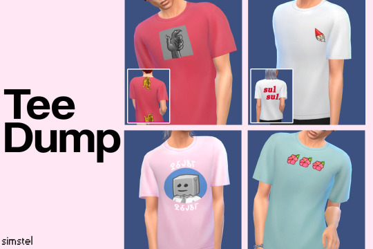 Vier Quadrate mit Sims, die T-Shirts tragen. Die Designs enthalten Dinge aus dem Spiel wie Gartenzwerge und Kobolde.
