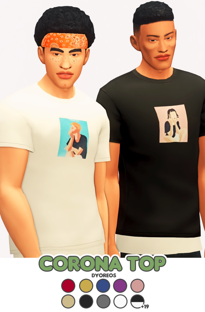 Zwei Sims mit lockigem Haar tragen T-Shirts, auf denen ein kleines Quadrat mit einem Gemälde einer Person in der Mitte ist