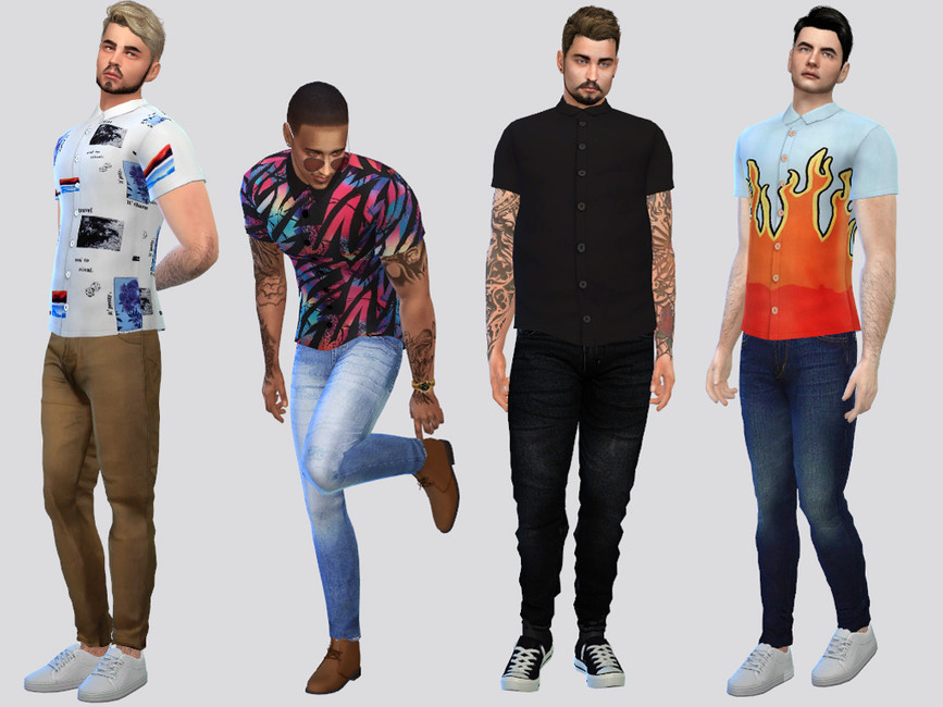 Dieses Bild zeigt vier Sims, die nebeneinander stehen. Sie tragen alle Hosen und Schuhe, aber tragen ein Cuffed Button Up Hemd mit verschiedenen Mustern.