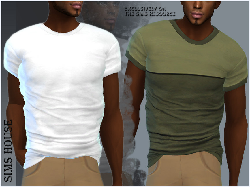 Zwei Sims stehen nebeneinander, aber ihre Köpfe sind auf dem Bild abgeschnitten. Sie tragen zweifarbige T-Shirts. Sims 4 CC Herrenshirts