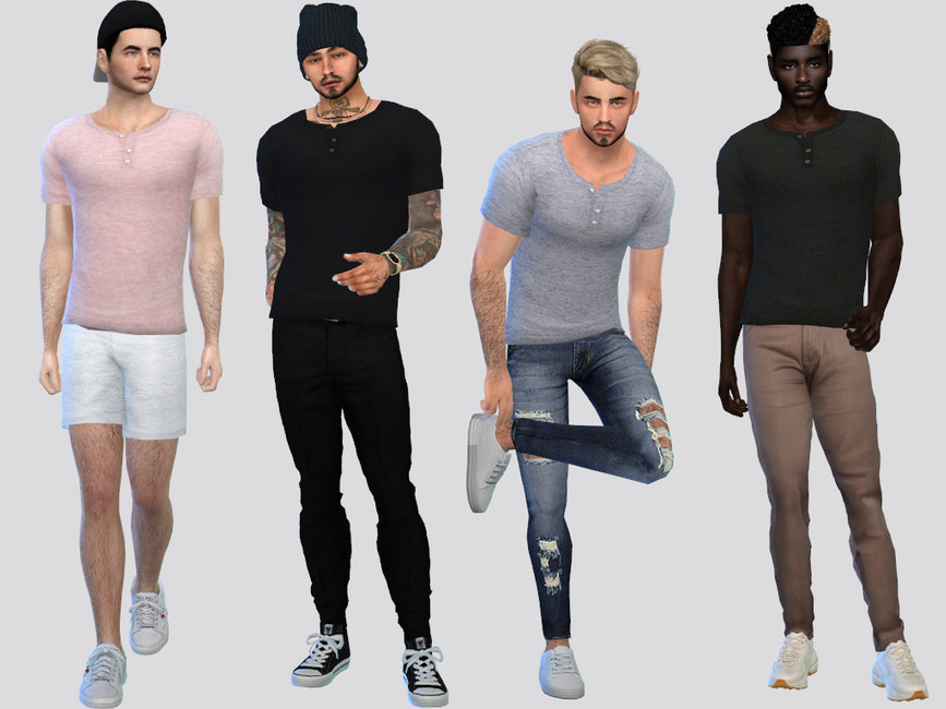 Vier männliche Sims aus Die Sims 4 stehen nebeneinander in Knopfleistenhemden