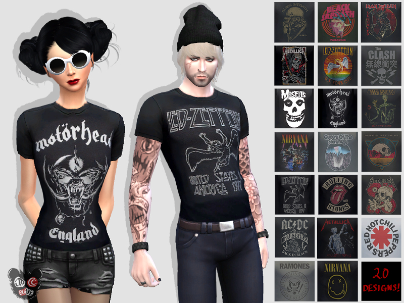 Zwei Sims, ein männlicher und ein weiblicher, aus Die Sims 4. Sie tragen ein Motorhead- und ein Led Zeppelin-T-Shirt.