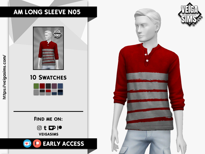 Eine männliche Schaufensterpuppe in Die Sims 4, die ein rotes Knopfleisten-Henley-Shirt mit grauen Streifen trägt, die Ärmel sind hochgeschoben
