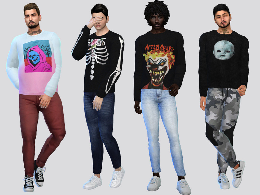 Vier männliche Sims, die gruselige Halloween-Themenhemden tragen