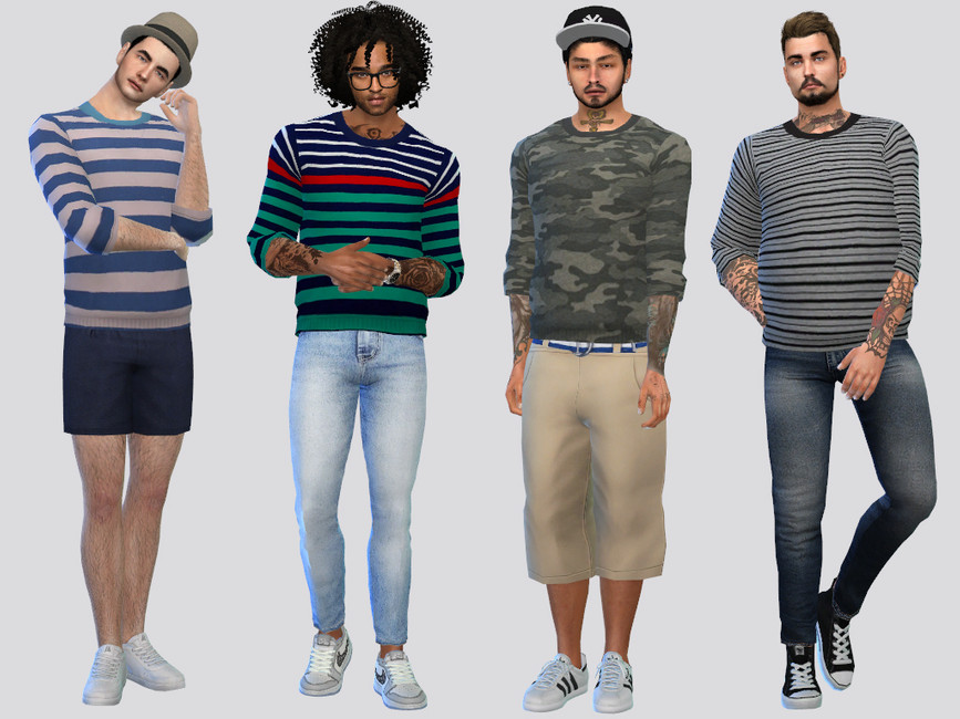 Vier Sims in verschiedenen Posen, die Sims 4 männliche CC gestreifte Pullover tragen