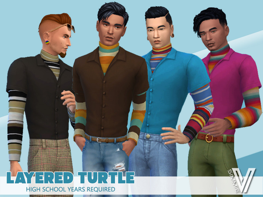 Vier Sims tragen Langarm gestreifte Pullover mit darüber liegenden T-Shirts mit Knopfleiste