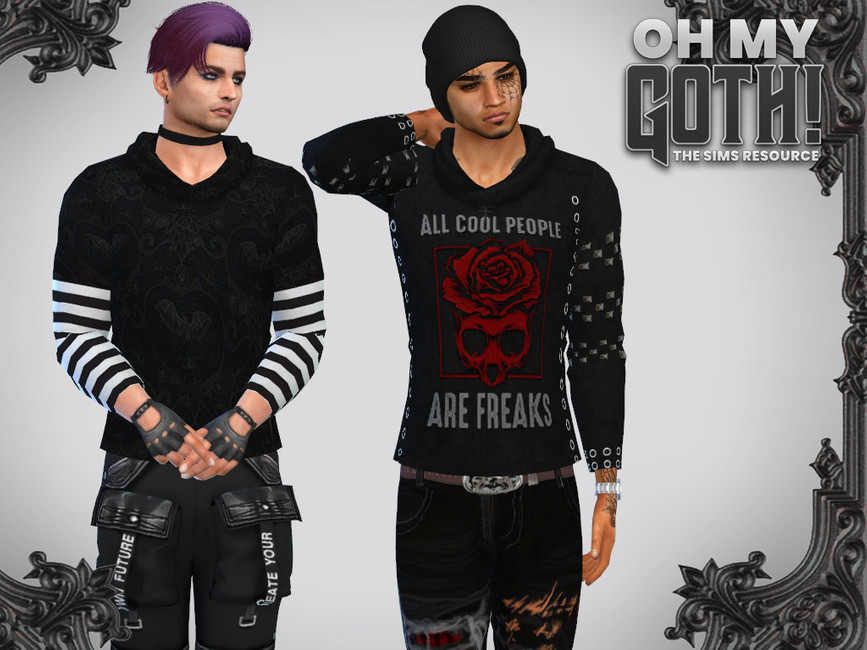 Zwei Sims, die komplett in Schwarz gekleidet sind, mit gotischen Tattoos und Accessoires.