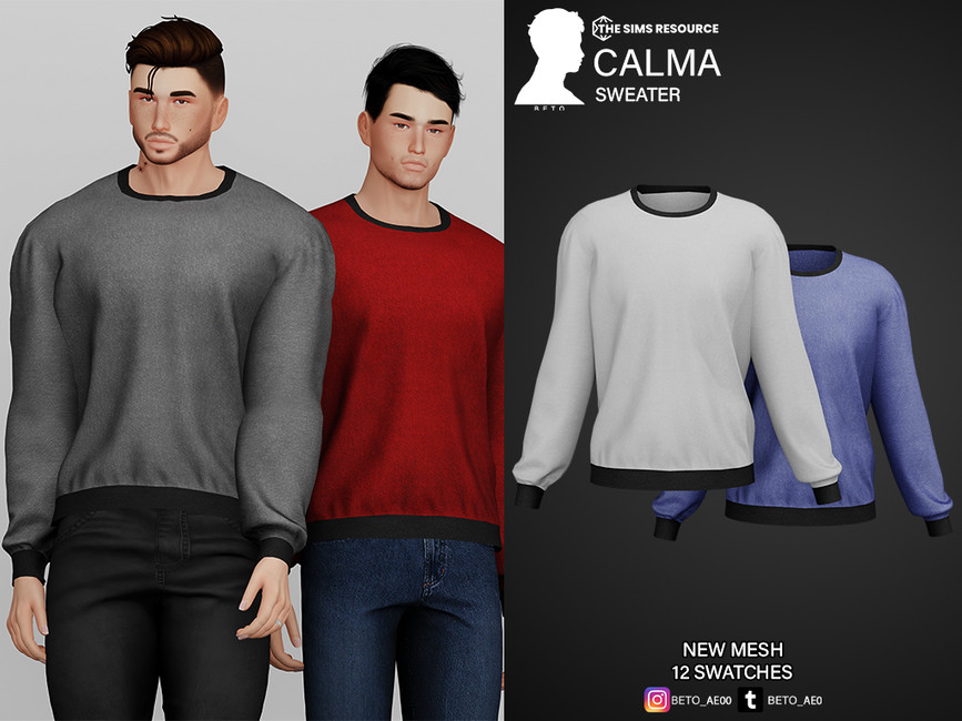 Zwei Sims mit kürzeren Haaren, die weite Pullover tragen. Diese Sims 4 Herren CC-Shirts sind einfarbig mit schwarzen Kanten.