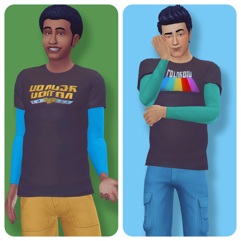Zwei Sims auf einfarbigen Hintergründen, sie tragen T-Shirts über leuchtend farbigen Langarmshirts.