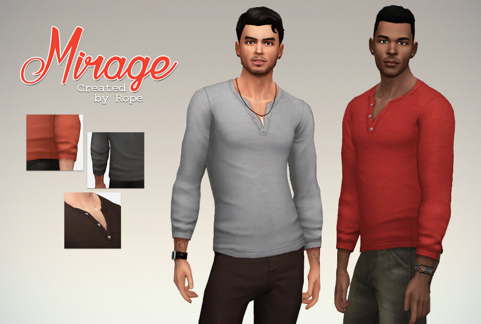Zwei Sims stehen auf einem grauen Hintergrund und tragen langärmelige Henley-Shirts, die aufgeknöpft sind.