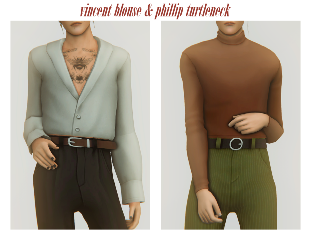Zwei Bilder von Sims, bei denen ihre Köpfe in den Bildern abgeschnitten sind. Diese Sims tragen interessante Hemden mit Knöpfen und Rollkragenpullovern.