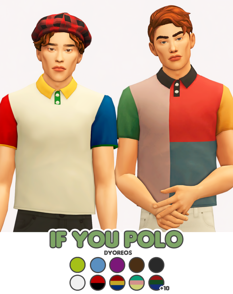 Zwei Sims mit markanten Wangenknochen und roten Haaren. Diese Sims tragen komplett zugeknöpfte Poloshirts, bei denen die Ärmel und der untere Teil unterschiedliche Farben haben.