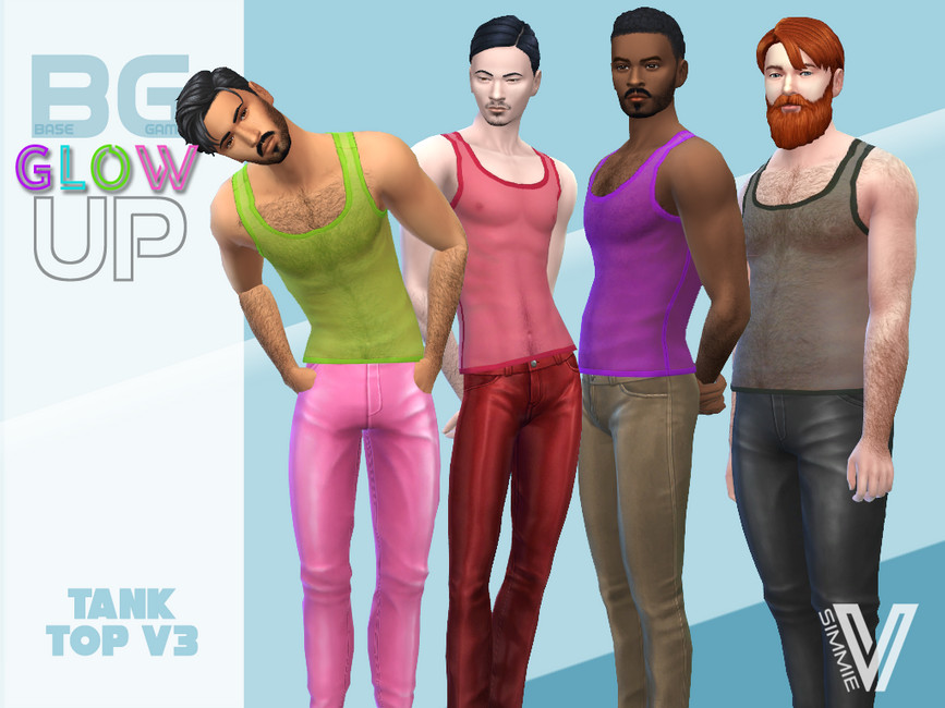 Vier männliche Charaktere aus Die Sims 4, die durchsichtige Tanktops als Oberteile tragen.