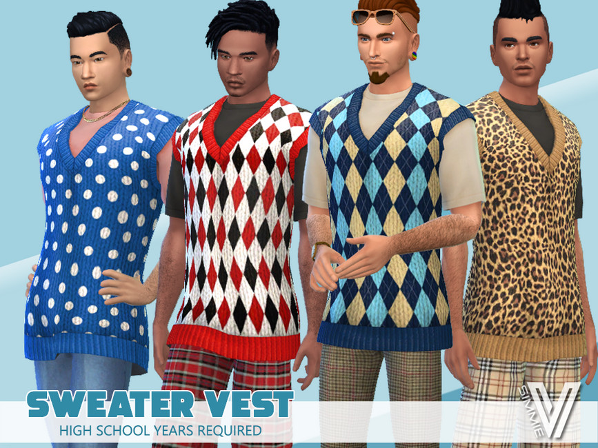 Vier männliche Charaktere aus Die Sims 4. Diese Sims tragen T-Shirts und darüber gemusterte Sweater-Westen.