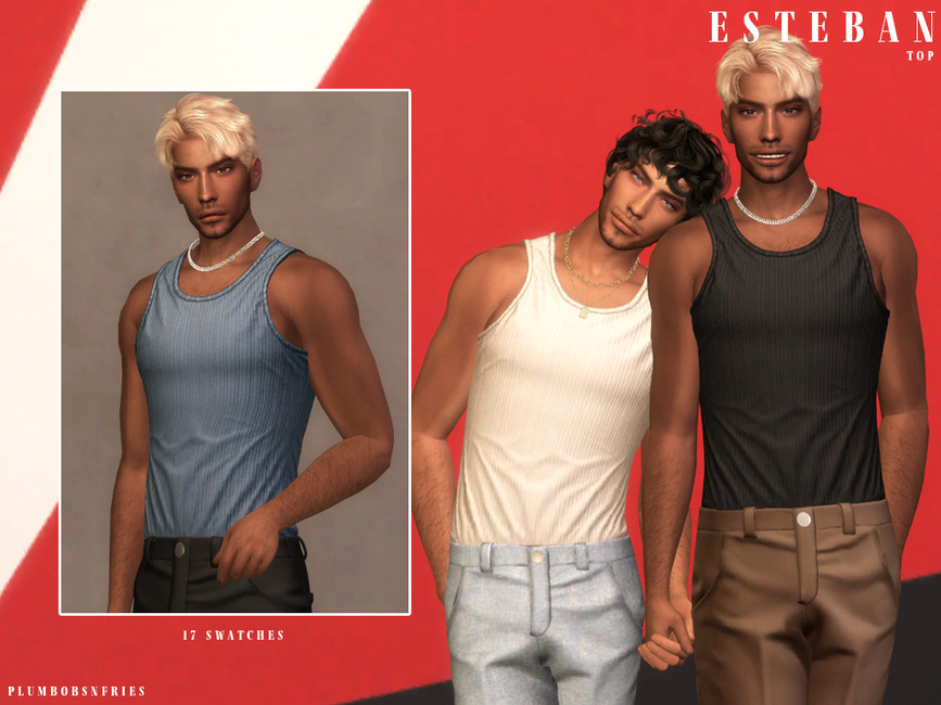 Zwei Sims, die Händchen halten. Einer hat den Kopf auf der Schulter des anderen. Beide tragen Sims 4 Herren-CC-Shirts in Form von Tanktops.