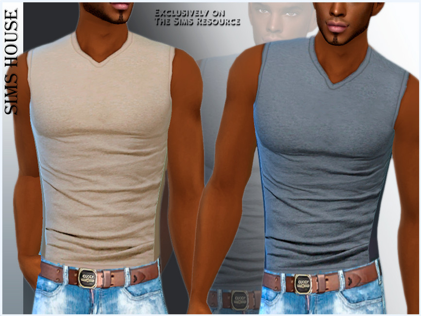 Zwei Sims, deren Köpfe aus dem Bild ausgeschnitten sind, tragen dicke Träger V-Ausschnitt Tank Tops, die in Jeans mit einem Gucci-Gürtel gesteckt sind.