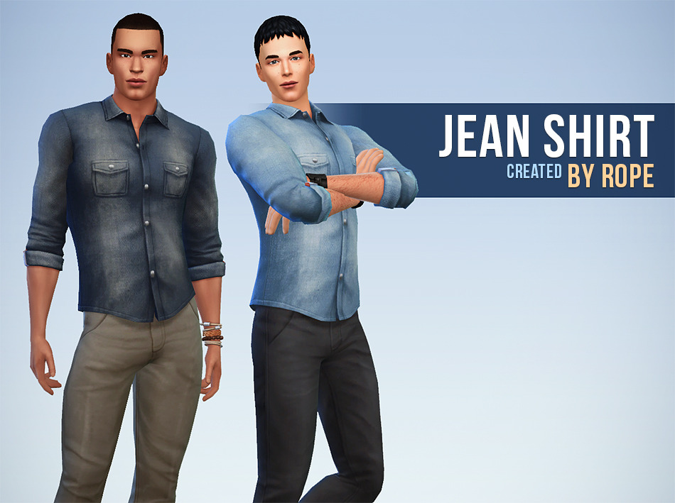 Zwei Sims stehen da, einer mit verschränkten Armen, der andere mit Armen an der Seite, beide tragen Jeanshemden mit Knöpfen.