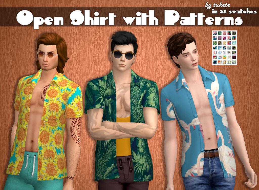 Drei Sims, die gemusterte, offene Hemden mit Knöpfen tragen. Die Muster sind beispielsweise Flamingos, Blumen und Blätter.