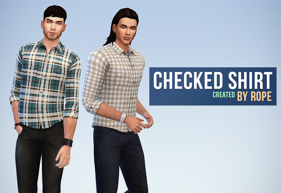 Zwei Sims stehen nebeneinander und tragen schwarze Jeans. Beide Sims tragen karierte Flanellhemden mit Knopfleiste, die für männliche Sims 4 CC geeignet sind.