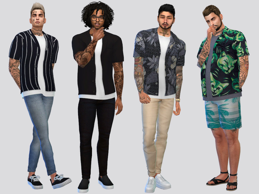 Vier männliche Charaktere aus Die Sims 4 stehen vor einem hellgrauen Hintergrund. Diese Sims tragen weiße Hemden unter einem offenen gemusterten Hemd.