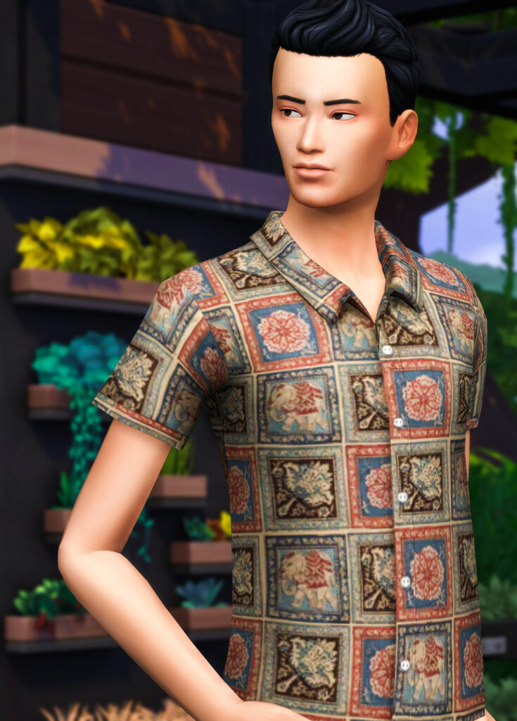 Ein Sim steht vor einer Menge von Pflanzen, wobei die Pflanzen unscharf sind. Dieser Sim hat schwarze Haare und trägt ein Knopfhemd, das mit Quadraten gemustert ist.