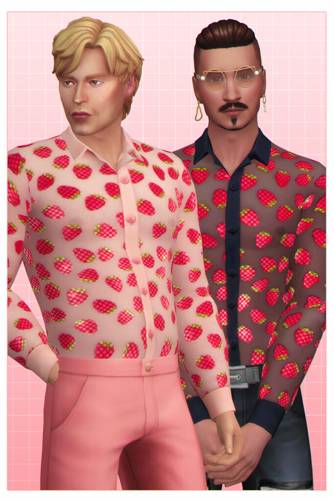 Zwei Sims, die durchsichtige Hemden mit Glitzererdbeeren tragen.