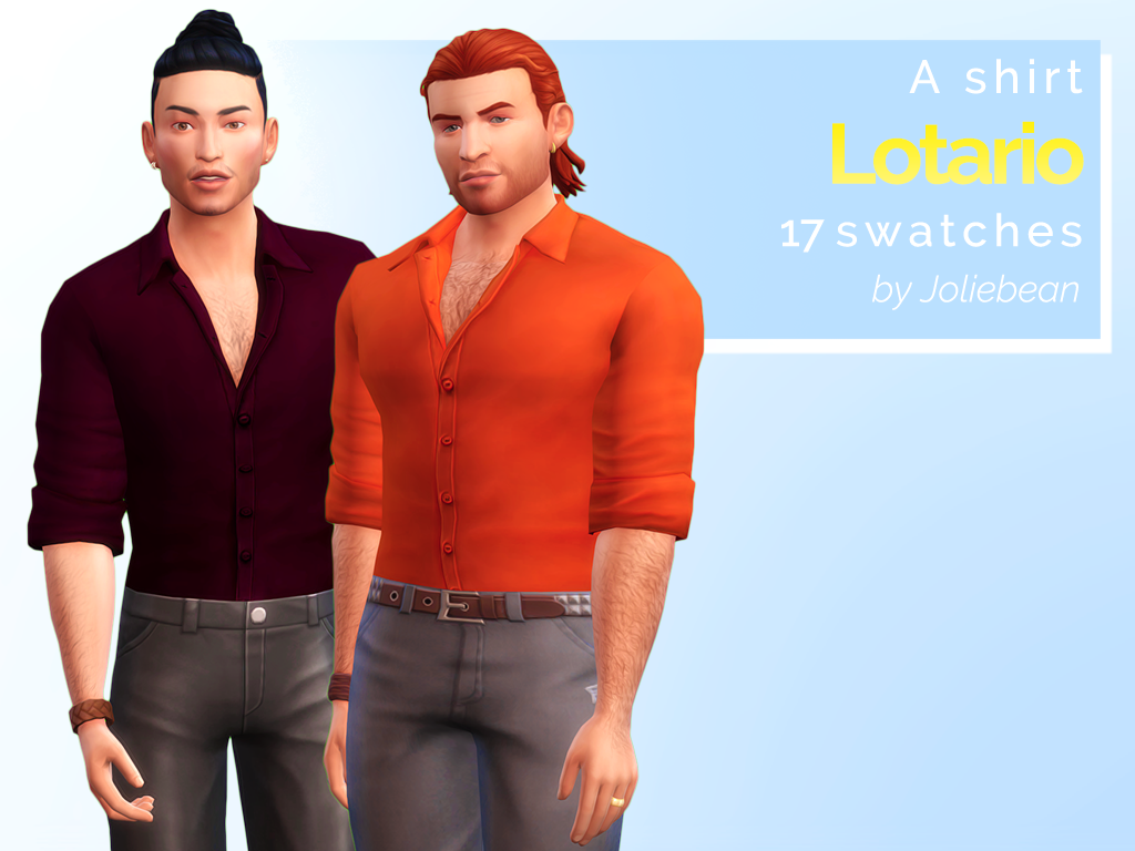 Zwei Sims, die Hemden mit gekrempelten Ärmeln tragen und die Knöpfe bis zur Brustmitte geschlossen haben.