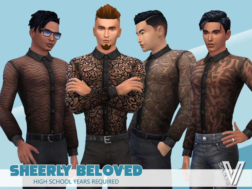Vier männliche Charaktere aus Die Sims 4, die durchsichtige Mesh-Shirts tragen. Diese haben Spitzenmuster, um sie interessant zu halten.