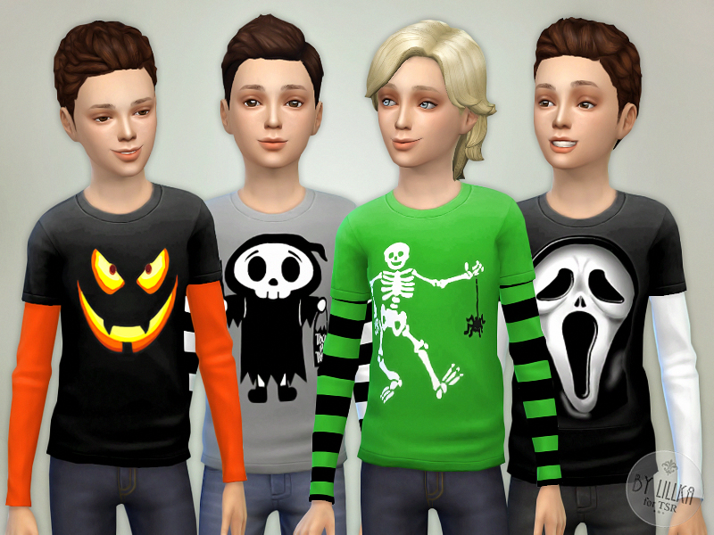 Vier Charaktere aus Die Sims 4 stehen nebeneinander. Diese männlichen Kinder tragen Halloween-Shirts, die über einem Langarmshirt geschichtet sind. Die Designs sind Kürbisse, Skelette und der Sensenmann.