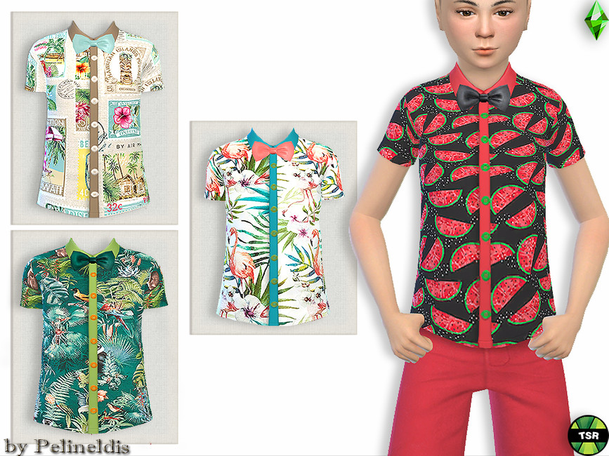 Ein Sim trägt ein T-Shirt mit Knopfverschluss. Dieses Hemd hat überall Wassermelonen, grüne Knöpfe und rote Verzierungen. Dieser Sim trägt auch eine schwarze Fliege.